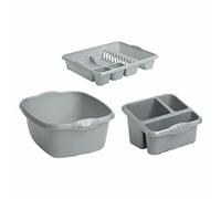 FotoStation Plastic Large Kitchen Sink Combo of 3 - Rectangular Washing Up Bowl, Sink Tidy and Large Dish Drainer for Home, Restaurants & Cafes Kitchens (Silver)