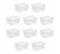 FotoStation Plastic Storage Box With Lid Set of 10 Crystal Clear Versatile Storage Boxes, Integrated Handle Home Office Stackable Nestable Large Container MADE IN UK (37L Litre)