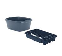 FotoStation Set of 2 - High Grade Plastic Medium Dish Drainer with 39cm Rectangular Washing Up Bowl (12L Litre) Kitchen Storage Organiser (Navy)