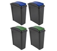 FotoStation Set of (2 X Green, 2 X Blue) 25L Litre Plastic Slimline Waste Bin with Removable Flap Lid Kitchen Recycle Rubbish Trash Waste Organiser Container for Home/Kitchen/Bathroom - MADE IN UK