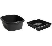 FotoStation - Set of 2 X Large 39cm Plastic Rectangular Washing Up Bowl with Dish Drainer Rack - Washing Basin & Plate Cutlery Drainer, Durable Sink Accessories for Your Kitchen (Black)