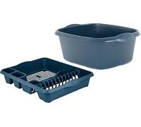 FotoStation - Set of 2 X Large 39cm Plastic Rectangular Washing Up Bowl with Dish Drainer Rack - Washing Basin & Plate Cutlery Drainer, Durable Sink Accessories for Your Kitchen (Navy)