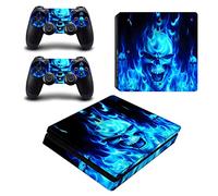 FOTTCZ Vinyl Skin for PS4 Slim Console & Controllers Only, Sticker Decorate and Protect Equipment Surface, Blue Flame Ghost