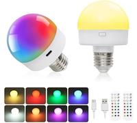 FotuYogo USB Rechargeable Light Bulb with Remote Control Timer, 2Pcs 3W 16 Colourful Dimmable Battery Powered Light Bulbs E27 Detachable Charging LED Bulb for Non Hardwired Lamps, Wall Sconce,Home