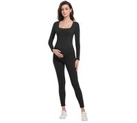 Foucome Women's Maternity Jumpsuits Square Neck Long Sleeve Yoga Bodysuits Seamless Bodycon Workout Romper, Black Medium