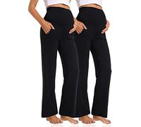 Foucome Women's Maternity Pants Casual Loose Wide Leg Cozy Pant Pregnancy Palazzo Lounge Trousers with Pockets (Black/Black, XL)