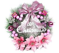 FOUDAY Christmas Wreaths for Front Door, 40 cm Christmas Door Wreath Winter Artificial Christmas Garland Decoration with Bow Flowers Ball for Indoor Outdoor Christmas Decoration (Pink)