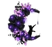 FOUDAY Halloween Wreaths for Front Door, Halloween Moon Wreath with Black Cat Wood Wreath Halloween Wreath Horror Decorations for Home Party Window Wall Indoor Outdoor (A with Light)