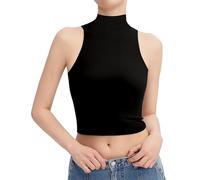 FOUGEDE Women's Mock Turtleneck Long Sleeve/Sleeveless/Half Sleeve/Short Sleeve/Crop Top Basic Fitted Stretch Slim Tops, 7031 Black, XL