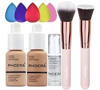 Foundation Made for PHOERA 104 and 105 & Face Primer,Liquid Full Coverage Foundation Set,Foundation Brush Powder Brush,5 Makeup Sponge, 24HR Matte Oil Control Concealer(104 Buff Beige+ 105 Sand)