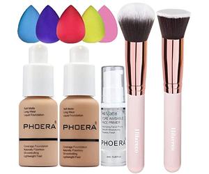 Foundation Made for PHOERA 104 and 105 & Face Primer,Liquid Full Coverage Foundation Set,Foundation Brush Powder Brush,5 Makeup Sponge, 24HR Matte Oil Control Concealer(104 Buff Beige+ 105 Sand)