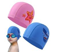 FOUNSHO 2 Pieces Kids Swimming Cap, Stretchy Swim Cap for Girls Boys, Comfortable Child Swimming Hat, Cartoon Swim Hats Waterproof Swimming Cap for Children Teens Age 4-10, Keep Hair Dry (Blue+Pink)