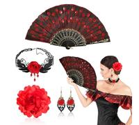 FOUNSHO 4PCS Rose Flower Flamenco Accessories for Women Girls Embroidered Sequins Folding Fan Choker Earrings Rose Flower Hair Clip Spanish Dancer Costume For Ladies 1920s Fancy Dress Halloween (Red)