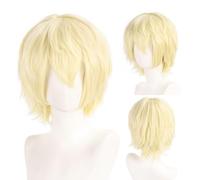 FOUNSHO Anime Wig Blonde For Mens Women Kids, 12 Inch/30 cm Short Wig Side Bangs, 70s 80s Layered Fluffy Straight Hair Men's Costume Fancy Dress for Cosplay Party Daily Use