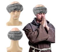 FOUNSHO Bald Head Cap Wig, Men's Grey Short Straight Hair Monk Old Man Fancy Dress Wig with Friar Hair Cut, Bowl Cut Funny Monk Costume For Adult Kids Halloween Cosplay 80s 90s Party (Grey)