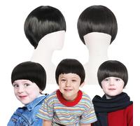 FOUNSHO Bowl Cut Wig For Kids Costume Child Funny Wig Short Black Full Bang Straight Mushroom 60s 70s 80s Bob Nerd Hairs for Boys Girls Daily Halloween Fancy Dress Party World Book Day Cosplay (Black)