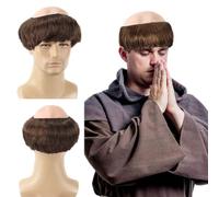 FOUNSHO Brown Monk Wig Short Straight Hair, Monk Fancy Dress Bowl Cut Funny Costume Wig Bald Head Cap with Brown Friar Hair Cut, Men's Party Halloween Old Man Cosplay