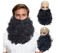 FOUNSHO Fake Long Curly Beard With Mustache For Adults, Reusable Old Man False Beard and Mustache Fancy Dress Up Brown Funny Facial Hair Men’s Costume Accessory For Christmas Halloween (Black)