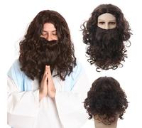 FOUNSHO Long Wig and Beard Adults Dark Brown Curly Wig for Halloween Carnival Wizard Fancy Dress Party, Wig and Long Beard Costume Fancy Dress Party Accessory for Men
