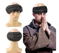 FOUNSHO Monk Bald Cap Wig Short Straight Hair, Men's Fancy Dress Bowl Cut Funny Wig, Monk Costume Bald Head Cap with Black Friar Hair, Old Man Grandpa Party Halloween Cosplay (Black)