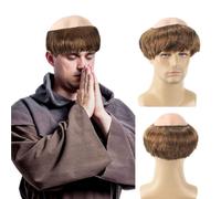 FOUNSHO Monk Bald Cap Wig Short Straight Hair, Men's Fancy Dress Bowl Cut Funny Wig, Monk Costume Bald Head Cap with Brown Friar Hair, Old Man Grandpa Party Halloween Cosplay (Light Brown)