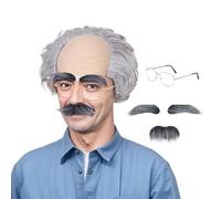 FOUNSHO Old Man Bald Wig For Adults, Grandpa Fancy Dress Balding Cap with Short Wavy Gray Hair On Sides Old Man Costume Fake Mustache Eyebrows Sunglasses, Men's Party Funny Wig Halloween (Grey)
