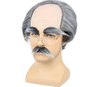 FOUNSHO Old Man Bald Wig For Adults Kids, Grandpa Fancy Dress Balding Cap with Short Wavy Gray Hair On Sides Old Man Costume Fake Mustache Eyebrows Sunglasses, Men's Party Funny Wig Halloween (Grey)