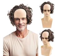 FOUNSHO Old Man Costume Bald Wig For Adults Kids, Brown Curly Bald Cap Men's Funny Male Wig, Weird Ugly Wigs Crazy Hair Day Old Man Fancy Dress Up Grandpa Cosplay Costume Party Halloween (Dark Brown)