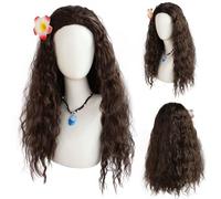 FOUNSHO Princess Wigs with Flower For Women Girls, Brown Long Curly Hair Wig For Kids, Little Girls Pretend Fancy Dress Up Halloween Costume Party Wigs for Cosplay Themed World Book Day (Dark Brown)