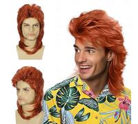 FOUNSHO Red Mullet Wig For Men, Men's Long Curly Wig, 70s Fancy Dress Wigs For Men, Men's Rocker Wig for Adult, 80s 90s Wig For Men, Pop Rock Star Costumes Wigs For Carnival Halloween Party Wigs (Red)