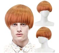 FOUNSHO Short Ginger Bowl Cut Wig with Band For Men Women, Adults Short Mushroom Wig Funny Ugly Nerd Hairs Bob Men's 60s 70s 80s Cosplay Costume Fancy Dress Party Crazy Hair Day Halloween (Orange)