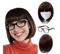 FOUNSHO Short Straight Bob Wigs with Fringe for Women, 14 Inches/ 35CM Women's Brown Short Wigs with Black Glasses, Ladies Girls Fancy Dress Hair for Movie Role Play Costume Cosplay Party