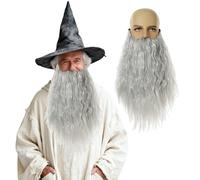 FOUNSHO Wizard Fake Long Beard Costume For Adults, Reusable Old Man Funny False Beard and Moustaches Fancy Dress Grey Facial Hair Novelty Joke Men’s Accessory For Christmas Halloween Party (Grey)