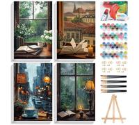 Fountor 4 Pack Paint by Numbers for Adults with Frame, Window View Adult Paint by Number Canvas Kits with Wooden Easel, DIY Acrylic Book Painting by Numbers for Home Wall Decor Gift 8x12 Inch/20x30cm
