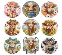 Fountor 8Pcs - Highland Cow Diamond Art Coasters Kit with Holder 4x4 Inch