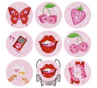 Fountor 8Pcs - Pink Disco Diamond Art Coasters Kit with Holder 4x4 Inch
