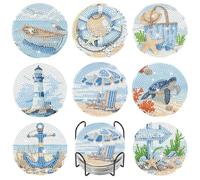 Fountor Beach Diamond Art Coasters Kit with Holder, 8Pcs, 4x4 Inch