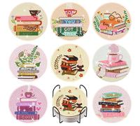 Fountor Book Lovers Diamond Art Coasters Kit with Holder, 8Pcs, 4x4 Inch