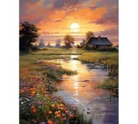 Fountor Countryside Sunset Paint by Numbers for Adults, Riverside Cabin Adult Paint by Numbers Canvas Kits Without Frame, DIY Acrylic Number Painting Adults for Gifts Home Wall Decor 16x20 Inch
