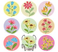 Fountor Flowers Diamond Art Coasters Kit with Holder, 8Pcs, 4x4 Inch