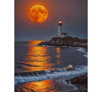 Fountor Moon Paint by Numbers for Adults, Beach Adult Paint by Numbers Canvas Kits Without Frame - 40x50 cm, Lighthouse DIY Acrylic Painting Kit for Gifts Home Wall Decor