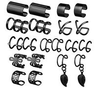 Founvar 20 Pcs Ear Cuff Clip On Earrings Black Hoops Conch Helix Cartilage Hoop Earring Ear Cuffs Wrap Clips for Women Men Non Piercing Ear Rings Jewelry Huggies Fake Ear Cuff Earring Piercings