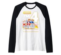 Four 4yr 4th Birthday Fire Truck Firefighter 4 Year Old Boy Raglan Baseball Tee