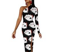 Four Aces Poker Playing Cards Women's One Shoulder Maxi Dress Long Sleeve Split Thigh Cocktail Party Sexy Dresses
