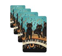 Four Black Cats Lying On The Piano Keyboard 4 Pcs Car Air Freshener Lavender Hanging Scented Cards Automotive Scented Hanging Sheets Rectangle For Car Home Office Closet Bathroom