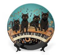 Four Black Cats Lying on The Piano Keyboard Bone China Decorative Plate 6inch Ceramic Decorative Plate with Display Stand Art Porcelain Plates Wall Hanging Bone China Dish for Home Office Wall Decor