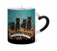 Four Black Cats Lying on The Piano Keyboard Color Changing Mug Heat Activated Novelty Coffee Cup with Ear Shape Design Gift Mugs for Christmas Birthday Wedding, Magic Ceramic Mug for Tea & Cocoa 12oz