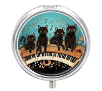 Four Black Cats Lying on The Piano Keyboard Decorative Metal Pill Box 3-Compartment - Portable Medicine Organizer for Vitamins, Travel Pill Case with BPA-Free Inserts, Personalized Gift for Women Men