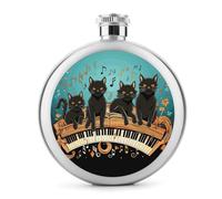 Four Black Cats Lying on The Piano Keyboard Hip Flask for Travel, Round Stainless Steel Flasks for Men Women, Portable Alcohol Bottle for Camping, Leakproof Flask Flagon for Activitie, 5 Oz