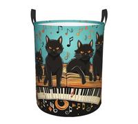 Four black cats lying on the piano keyboard Laundry Hamper with Handle Waterproof Collapsible Laundry Basket Circular Dirty Clothes Hamper Lightweight Storage Basket for Bathroom Bedroom Car Medium